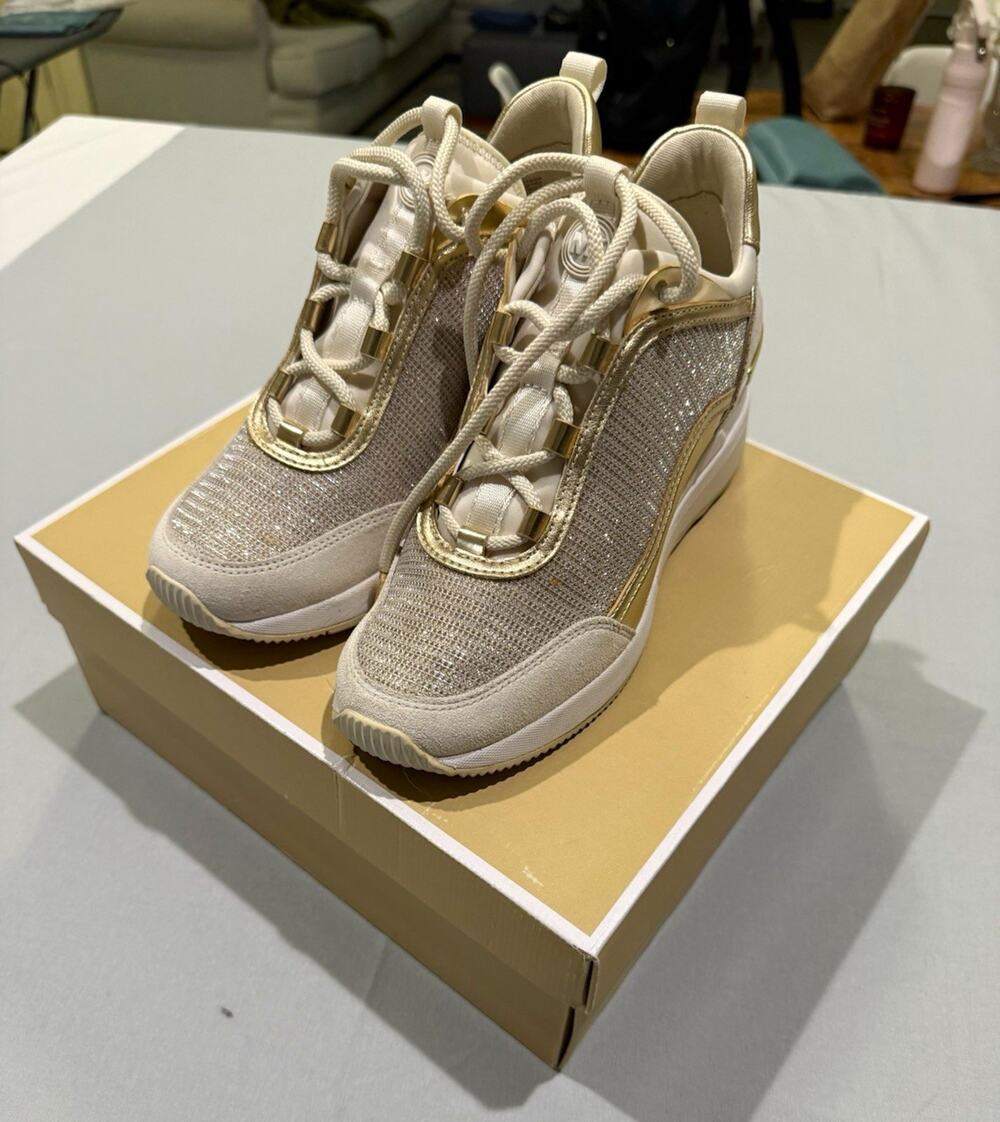 Michael Kors Womens Lola Trainer Glitter Chain Mesh Sneakers Gold White Size 7